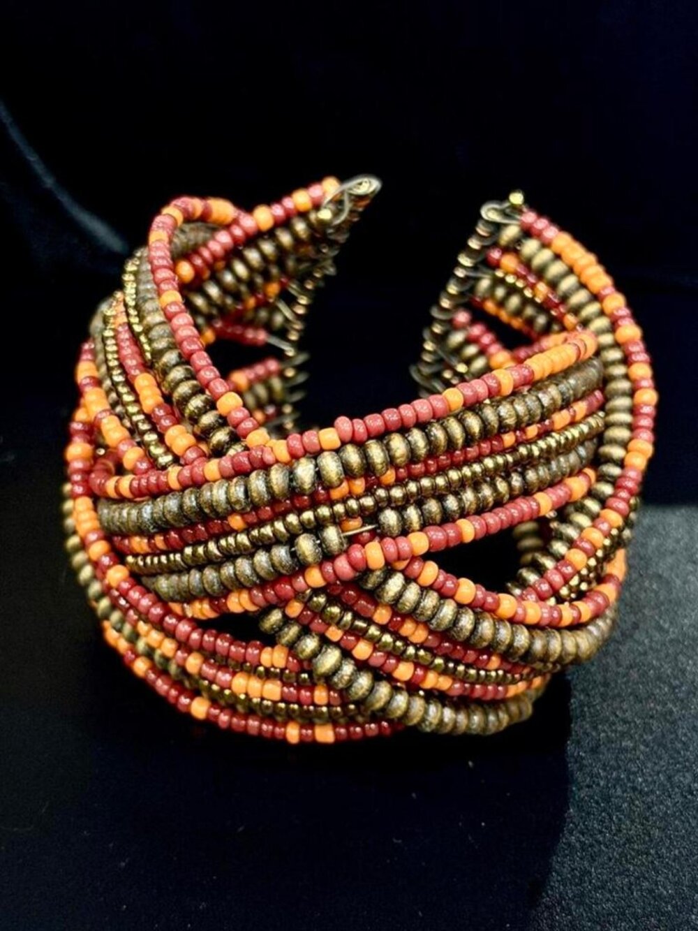 Multicolor Beaded Cuff Bracelet Orange Pink Brown Beads